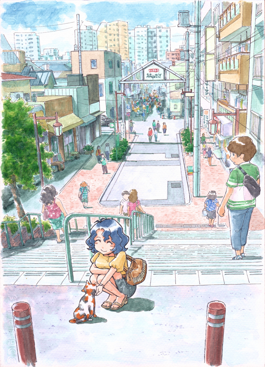 6+boys 6+girls ^_^ absurdres balcony blue_hair blue_sky blush border building calico car cat cityscape closed_eyes clouds crowd day extra fading_border highres idolmaster idolmaster_million_live! idolmaster_million_live!_theater_days lantern long_hair looking_back medium_hair motor_vehicle multiple_boys multiple_girls outdoors parted_bangs petting pole power_lines puffy_short_sleeves puffy_sleeves railing sandals shirt short_hair short_sleeves sign sky smile squatting stairs stool table toyokawa_fuka tree wading wavy_hair we_mura_shino window yellow_shirt