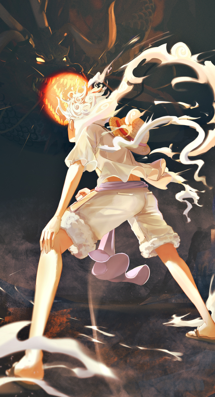 1boy absurdres alternate_form cloud_hair curly_hair dizzen dragon eastern_dragon facing_away from_behind fur-trimmed_shorts fur_trim gear_fifth glowing glowing_mouth hat hat_on_back highres kaidou_(one_piece) leaning_forward legs_apart looking_at_another male_focus medium_hair monkey_d._luffy official_alternate_color official_alternate_hair_color one_piece outdoors pocket sandals shirt shorts size_difference standing steam straw_hat toes white_shirt white_shorts wind