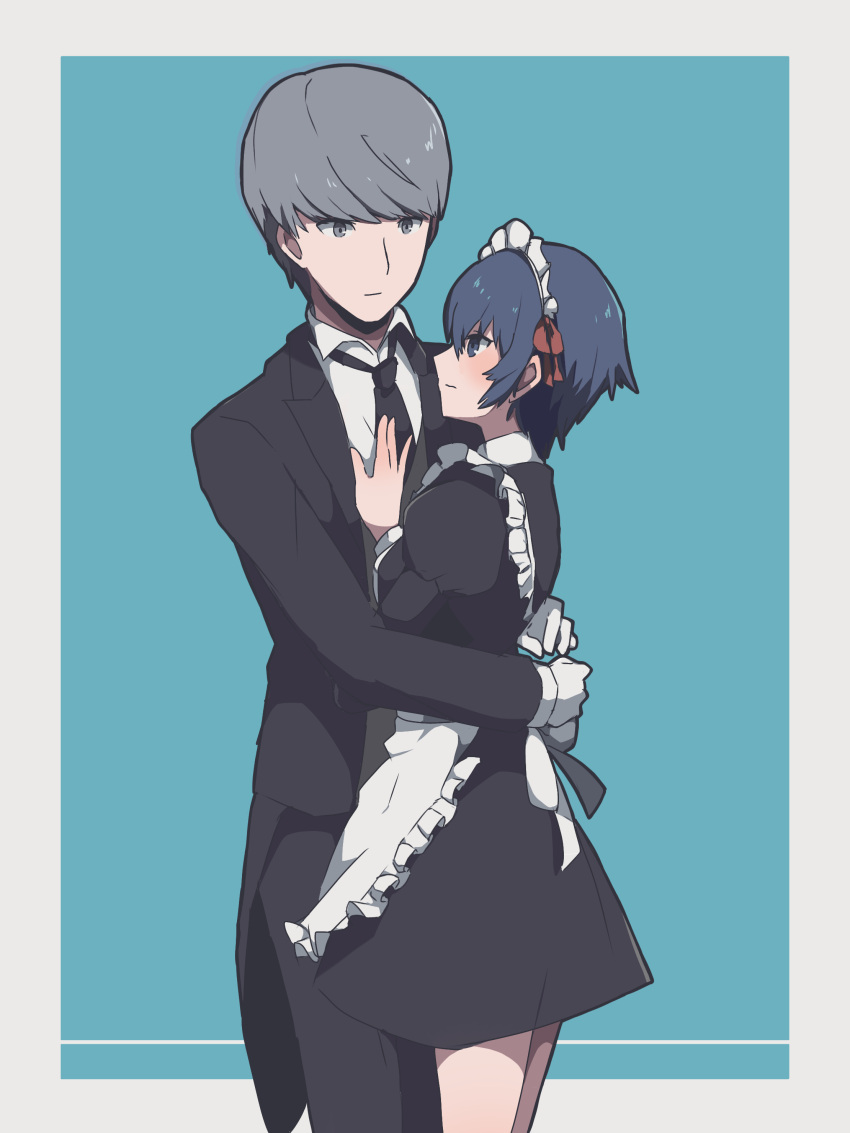 1boy 1girl absurdres alternate_costume apron black_dress black_necktie black_pants black_suit blue_background blue_eyes blue_hair blush border butler closed_mouth commentary_request dress enmaided gloves grey_eyes grey_hair hair_ribbon hand_on_another's_chest height_difference highres hug kulea1020 long_sleeves maid maid_apron maid_headdress narukami_yuu necktie outside_border pants persona persona_4 profile red_ribbon ribbon shirogane_naoto shirt simple_background smile suit white_apron white_border white_gloves white_shirt