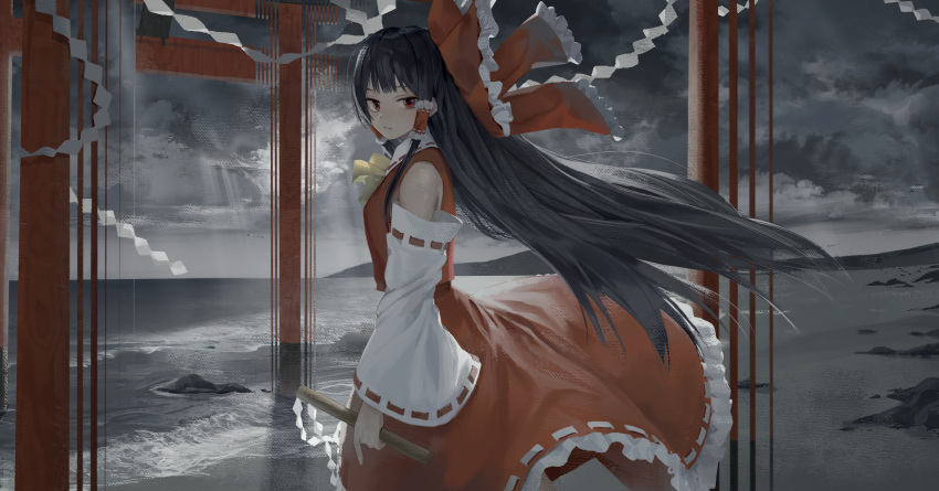 1girl absurdres bare_shoulders black_hair bow detached_sleeves frilled_skirt frills goback gohei hair_bow hair_tubes hakurei_reimu highres holding holding_gohei japanese_clothes korean_commentary long_hair nontraditional_miko red_bow red_eyes red_skirt ribbon-trimmed_sleeves ribbon_trim sidelocks skirt solo torii touhou white_sleeves wide_sleeves