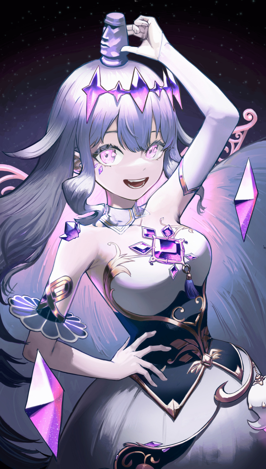 1girl absurdres chest_jewel crown crying crystal detached_collar detached_sleeves dress gem grey_hair hand_on_own_hip highres hololive hololive_english jewel_under_eye koseki_bijou long_hair looking_at_viewer moai object_on_head open_mouth pungson_mori purple_gemstone single_detached_sleeve smile solo strapless strapless_dress violet_eyes virtual_youtuber white_bridal_gauntlets white_dress