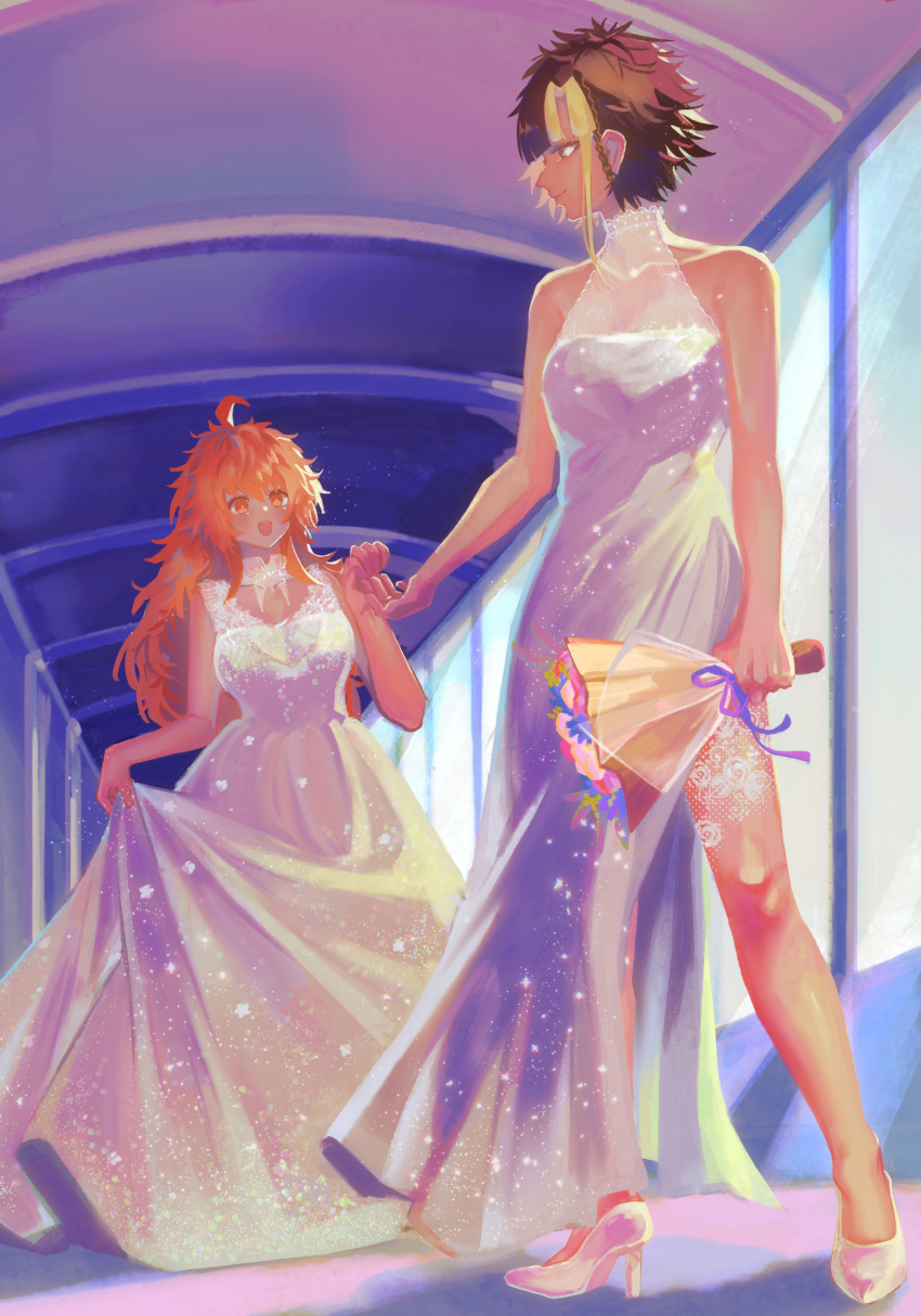 2girls :d absurdres ahoge alternate_costume beckoning blonde_hair blue_flower blunt_bangs bouquet braid brown_eyes brown_hair closed_mouth collar commentary_request dress egokoro_nao eye_contact flower full_body gown hair_between_eyes hallway halter_dress halterneck hand_up high_heels highres holding holding_bouquet kimi_ga_shine long_hair looking_at_another looking_back messy_hair multicolored_hair multiple_girls orange_eyes orange_hair outstretched_hand pink_flower profile short_hair_with_long_locks side_braid side_slit skirt_hold sleeveless sleeveless_dress smile standing streaked_hair terusuzuzu two-tone_hair wedding_dress white_collar white_dress white_footwear wife_and_wife window yabusame_reko yuri