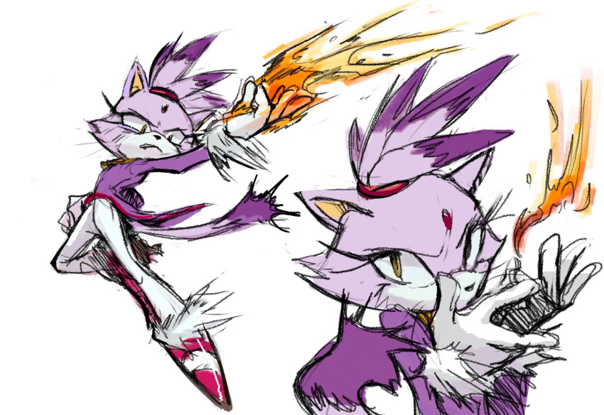 1girl animal_ears animal_nose blaze_the_cat body_fur cat_ears cat_girl cat_tail commentary english_commentary fire forehead_jewel fur-trimmed_footwear furry furry_female gloves highres jacket looking_at_viewer multiple_views pants ponytail purple_fur purple_jacket pyrokinesis rat_riot simple_background sketch sonic_(series) tail white_background white_gloves white_pants yellow_eyes