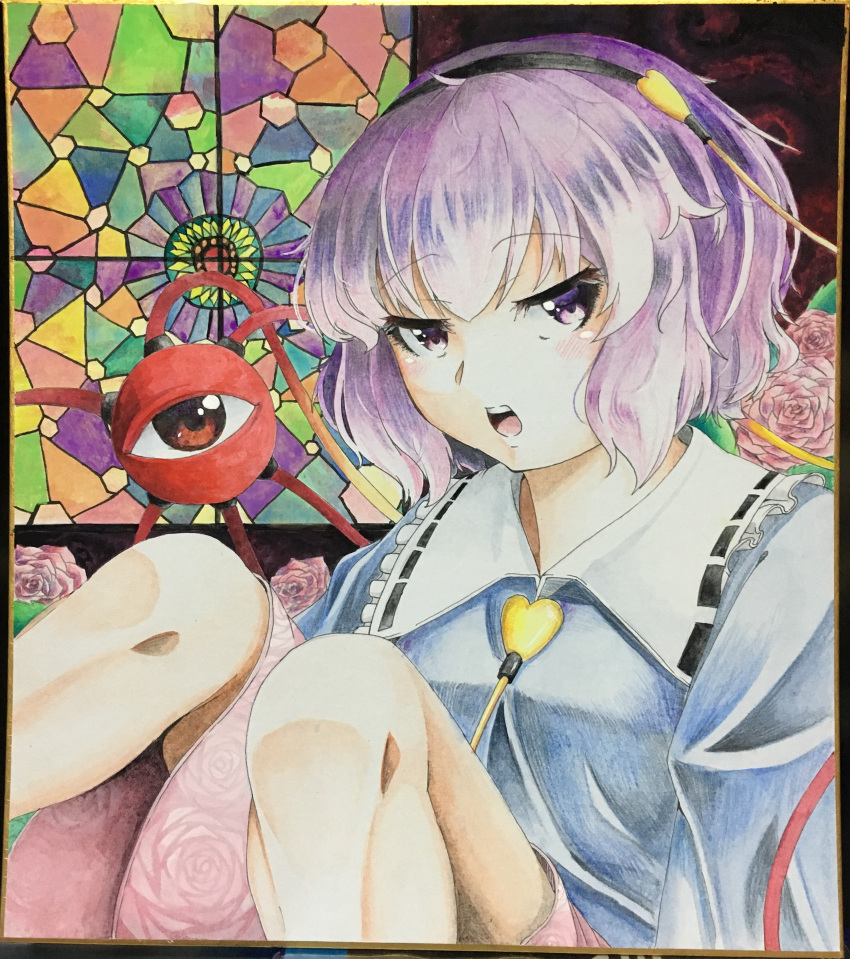 1girl 283win absurdres acrylic_paint_(medium) commentary_request floral_print heart highres komeiji_satori looking_at_viewer open_mouth painting_(medium) photo_(medium) purple_hair red_eyes rose_print shikishi short_hair solo teeth third_eye touhou traditional_media upper_body upper_teeth_only violet_eyes
