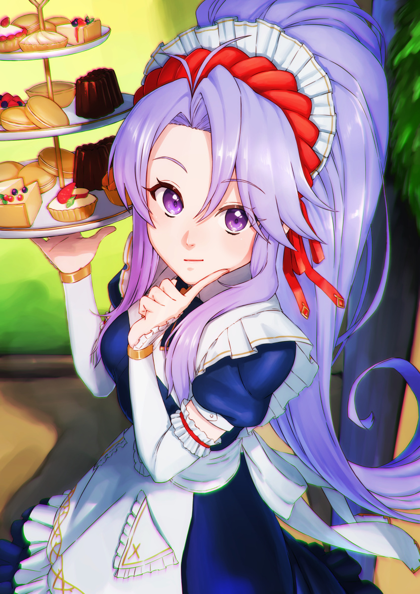 1girl absurdres aduti_momoyama apron blue_dress blue_eyes dessert detached_sleeves dress finger_to_mouth fire_emblem fire_emblem:_genealogy_of_the_holy_war fire_emblem_heroes food frilled_apron frills high_ponytail highres holding holding_tray light_blush long_hair looking_at_viewer maid maid_headdress official_alternate_costume parted_bangs ponytail smile solo tailtiu_(fire_emblem) tailtiu_(tea_party)_(fire_emblem) tiered_tray tray very_long_hair waitress