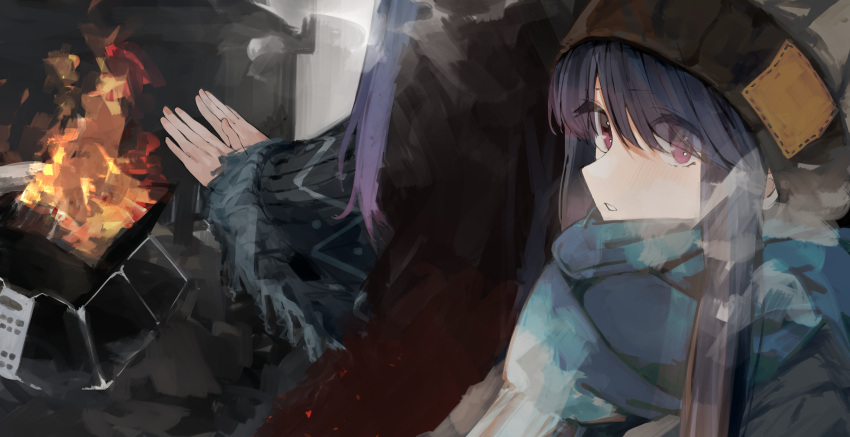 1girl absurdres beanie blue_hair blue_scarf blush fire fringe_trim hat highres leadin_the_sky long_hair long_sleeves multiple_views open_mouth scarf shima_rin violet_eyes winter_clothes yurucamp