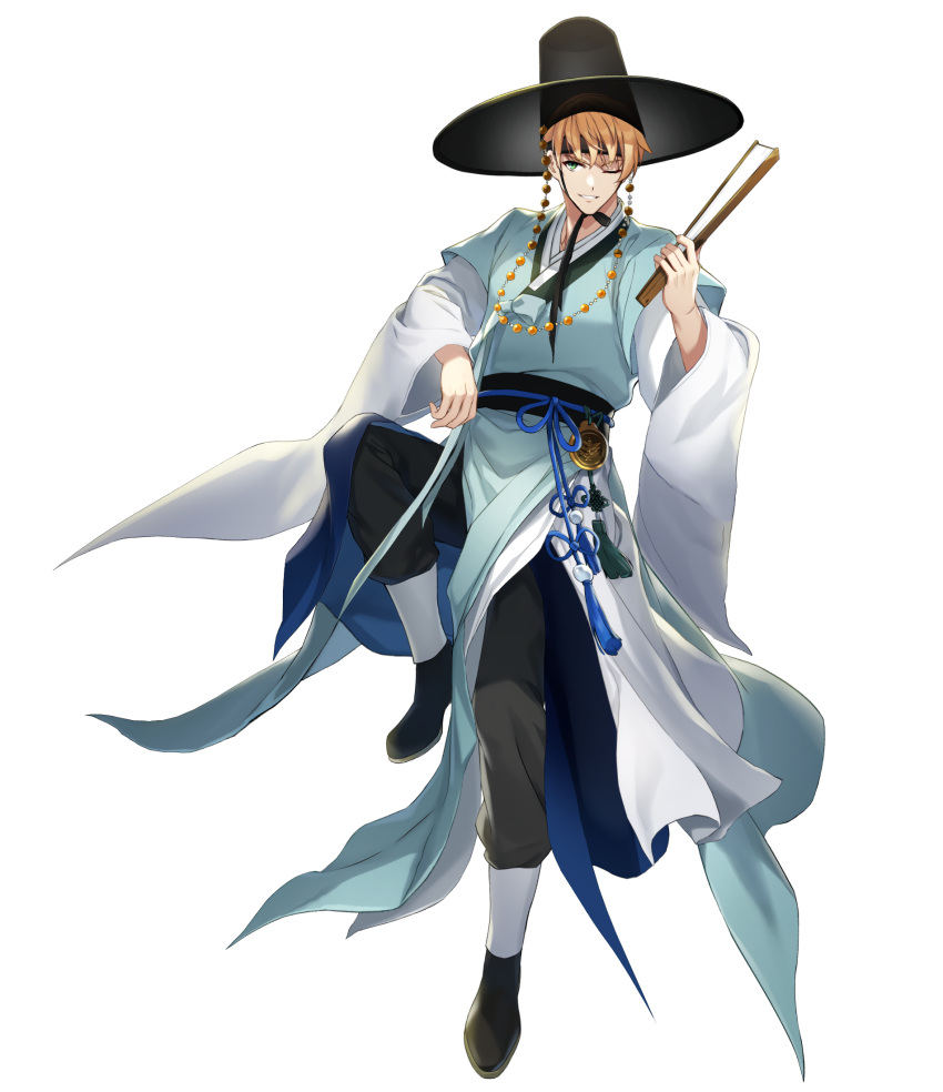 1boy black_footwear blonde_hair blue_eyes boots counter:side full_body hand_fan hat highres holding holding_fan jake_walker male_focus official_art one_eye_closed short_hair simple_background solo tachi-e transparent_background