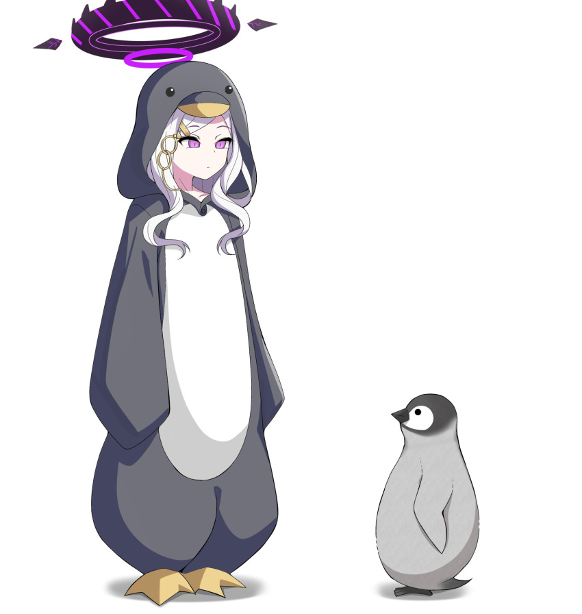 1girl 1other alternate_costume animal_costume bird blue_archive collarbone commentary_request forehead full_body hair_ornament hairclip halo height_difference highres hina_(blue_archive) karikura_(atatata71) long_hair long_sleeves parted_bangs penguin penguin_costume sidelocks simple_background size_difference sleeves_past_fingers sleeves_past_wrists standing violet_eyes wavy_hair white_background white_hair