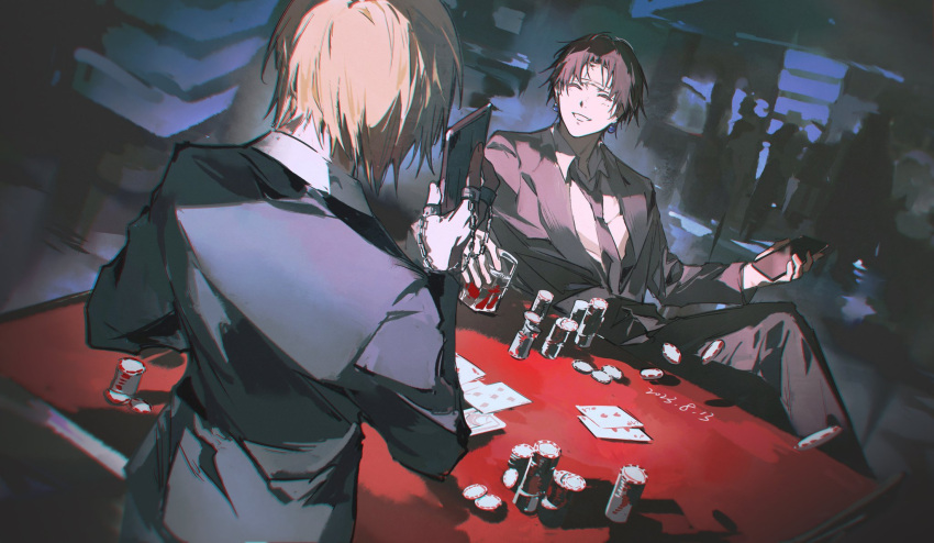 2boys black_hair black_jacket black_necktie black_pants black_suit blonde_hair cellphone chrollo_lucilfer closed_eyes collared_shirt crossed_legs cup dated earrings english_commentary formal from_behind glass headband highres holding holding_cup holding_phone hunter_x_hunter indoors jacket jewelry kurapika long_sleeves male_focus mei_ren multiple_boys multiple_rings necktie pants parted_bangs phone poker poker_chip poker_table ring shadow shirt short_hair sitting smile standing suit table white_headband white_shirt