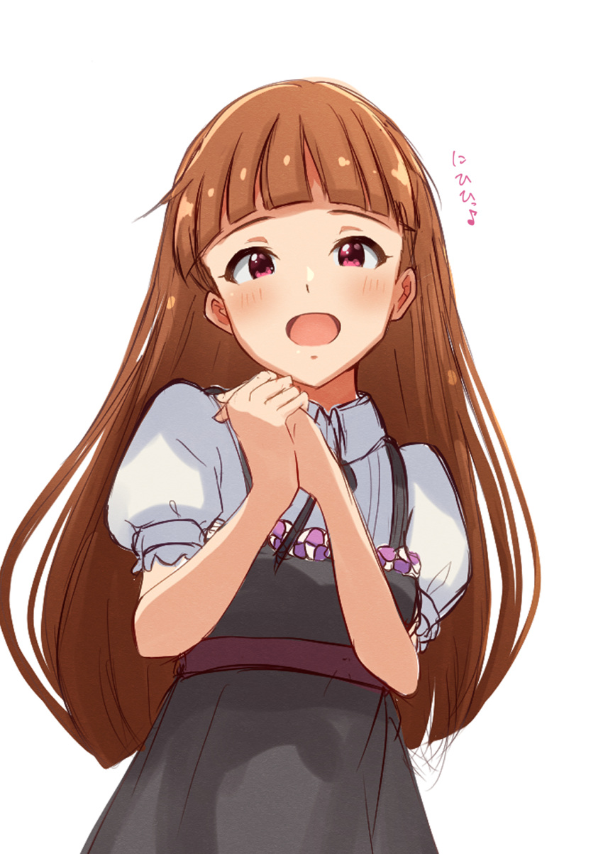 1girl blunt_bangs blunt_ends blush brown_hair commentary_request forehead highres idolmaster long_hair looking_at_viewer minase_iori open_mouth own_hands_together red_eyes ribbon short_sleeves simple_background sinobu0425 solo
