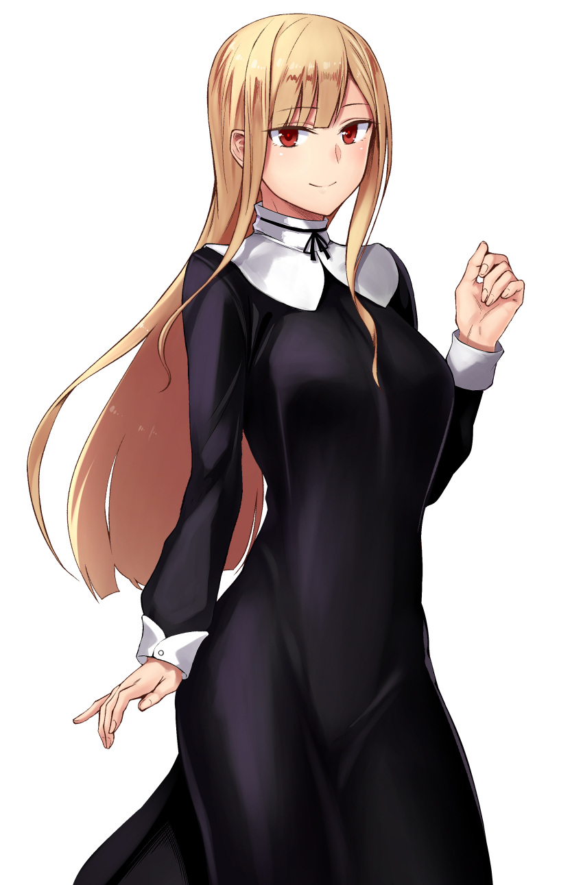 1girl absurdres arm_at_side black_dress black_ribbon blonde_hair blunt_bangs breasts closed_mouth dress hand_up highres long_dress long_hair long_sleeves looking_at_viewer neck_ribbon original orochi_itto red_eyes ribbon simple_background smile solo straight_hair white_background