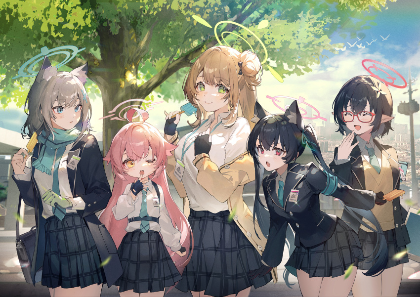 5girls :o ;d ahoge animal_ear_fluff animal_ears armband ayane_(blue_archive) bag belt bird black_belt black_gloves black_hair black_necktie black_skirt blue_archive blue_armband blue_eyes blue_jacket blue_scarf breasts cat_ears cityscape closed_eyes closed_mouth cowboy_shot cross_hair_ornament dappled_sunlight fang fingerless_gloves flower food frown glasses gloves green_eyes green_gloves grey_hair hair_bun hair_flower hair_ornament halo hand_up hands_up highres holding holding_food holding_popsicle holding_tablet_pc hoshino_(blue_archive) id_card jacket kuuus lanyard large_breasts leaning_forward light_brown_hair long_hair looking_at_another looking_at_viewer medium_hair miniskirt multiple_girls necktie nonomi_(blue_archive) off_shoulder one_eye_closed outdoors pink_hair plaid plaid_skirt pleated_skirt pointy_ears popsicle red-framed_eyewear red_eyes scarf school_bag school_uniform serika_(blue_archive) shiroko_(blue_archive) shirt short_hair single_glove single_side_bun skirt smile sunlight tablet_pc tree twintails very_long_hair vest white_footwear white_shirt wolf_ears yellow_eyes yellow_jacket yellow_vest
