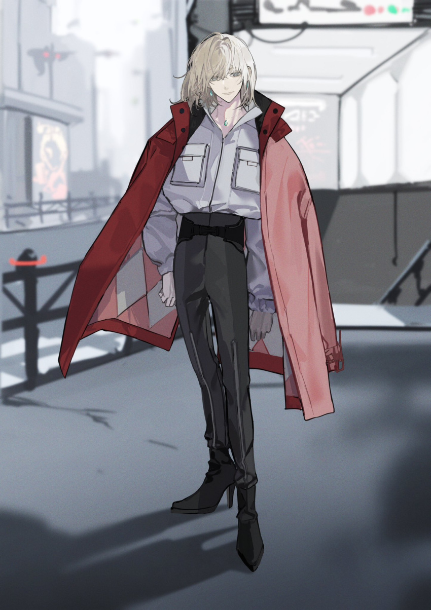 1boy black_footwear black_pants blonde_hair blue_eyes boots cityscape earrings fence full_body hair_between_eyes high_heel_boots high_heels highres howl_(howl_no_ugoku_shiro) howl_no_ugoku_shiro jacket jewelry long_sleeves looking_at_viewer maaroso_09 male_focus medium_hair necklace open_clothes open_jacket outdoors pants red_jacket shadow shirt smile solo white_shirt