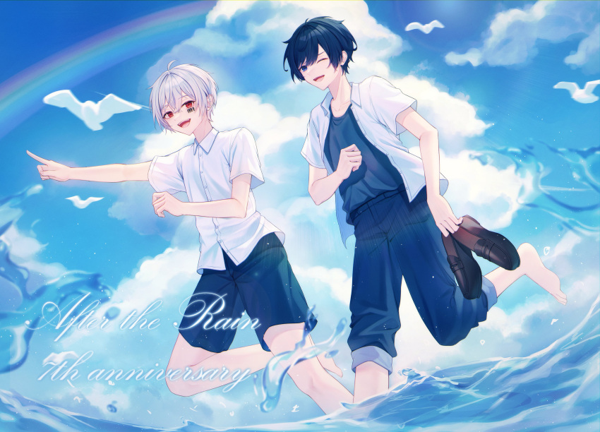 2boys absurdres after_the_rain barcode barcode_tattoo bare_legs barefoot beach blue_eyes blue_hair blue_shirt blue_shorts blue_sky facial_tattoo feet highres holding holding_clothes holding_footwear jacket mafumafu male_focus multiple_boys niconico ocean one_eye_closed open_mouth pointing red_eyes sarin_(seoling) shirt shoes short_hair shorts sky soraru tattoo toes white_hair white_jacket white_shorts