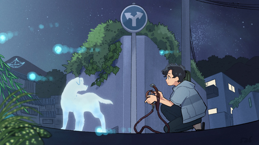1boy animal animal_collar black_hair blue_jacket blue_pants closed_mouth collar daimonji dog highres hitodama house intersection jacket kojiro337 leash looking_at_animal mountain night night_sky on_one_knee original outdoors pants plant power_lines red_collar sandals short_hair sky solo spirit star_(sky) utility_pole
