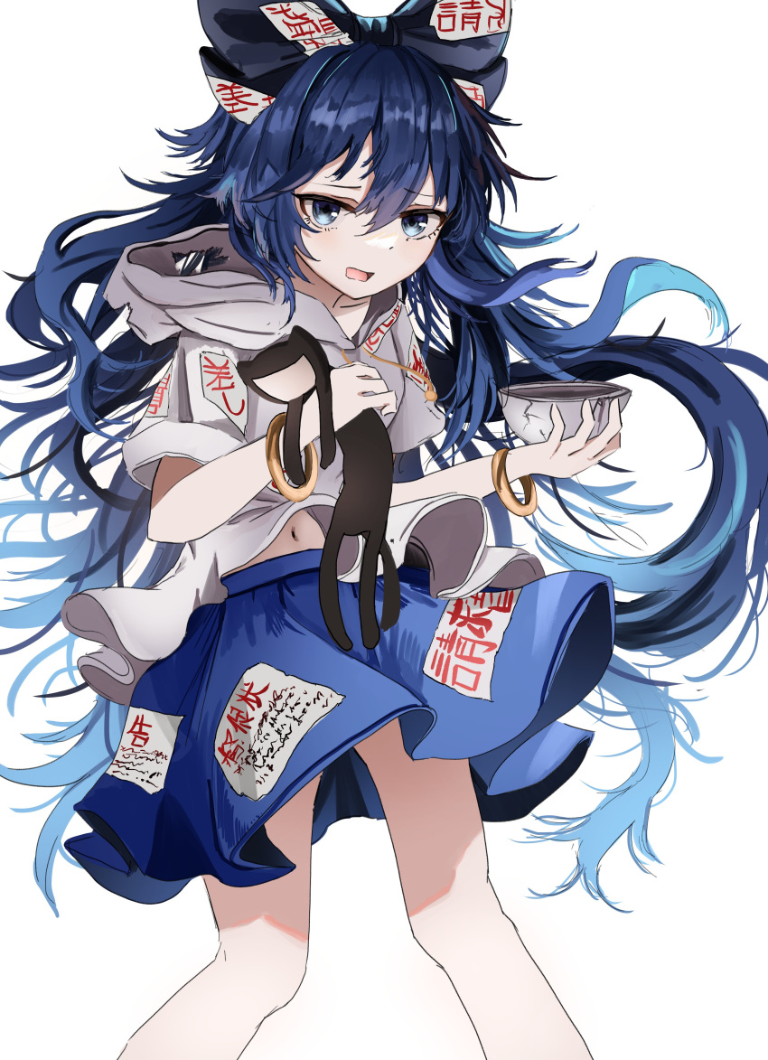 1girl absurdres blue_bow blue_eyes blue_hair blue_skirt bow bowl feet_out_of_frame grey_hoodie hair_between_eyes hair_bow highres holding holding_bowl hood hoodie long_hair open_mouth ougiikun short_sleeves simple_background skirt solo touhou white_background yorigami_shion