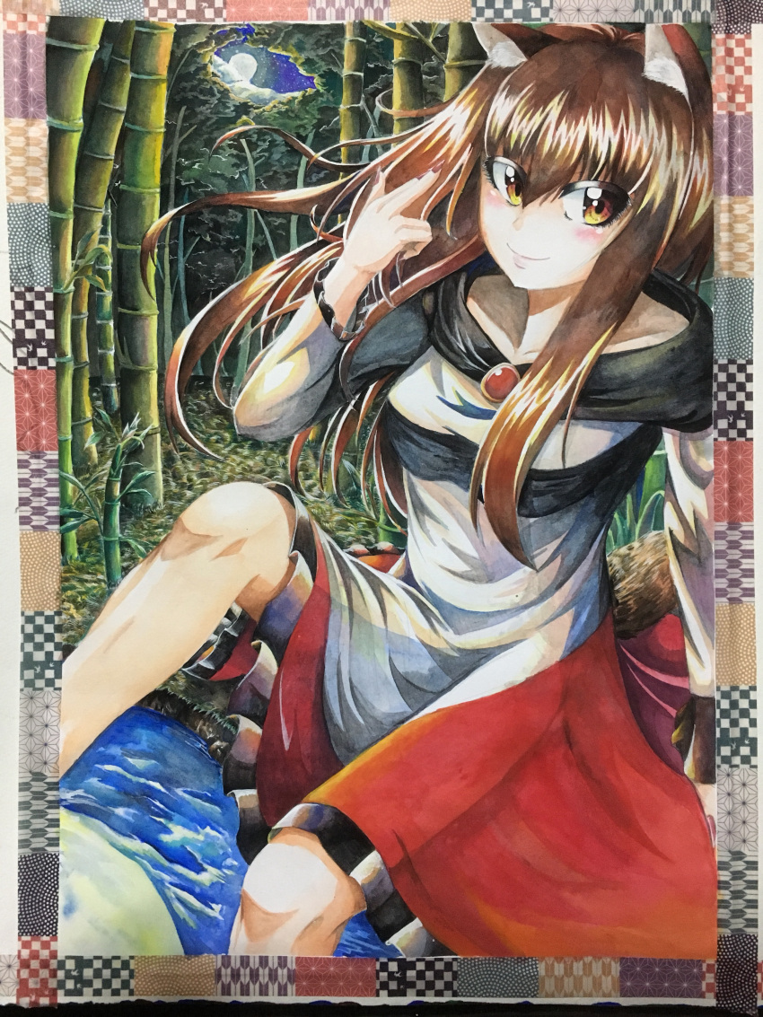 1girl 283win absurdres acrylic_paint_(medium) animal_ears bamboo bamboo_forest brown_eyes brown_hair closed_mouth dress forest highres imaizumi_kagerou looking_at_viewer nail_polish nature outdoors painting_(medium) photo_(medium) red_dress shikishi smile solo tail touhou traditional_media two-tone_dress white_dress wolf_ears wolf_girl wolf_tail