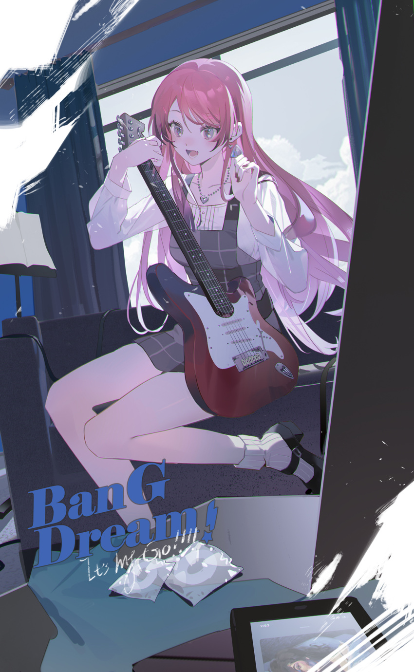 1girl absurdres bang_dream! black_footwear cellphone chihaya_anon commentary copyright_name couch curtains dress earrings electric_guitar english_text full_body grey_dress grey_eyes guitar hands_up heart heart_earrings heart_necklace highres indoors instrument jewelry lamp long_hair long_sleeves marurodo mary_janes necklace open_mouth phone pinafore_dress pink_hair plaid plaid_dress plectrum shirt shoes sleeveless sleeveless_dress smartphone smile socks solo very_long_hair white_shirt white_socks window