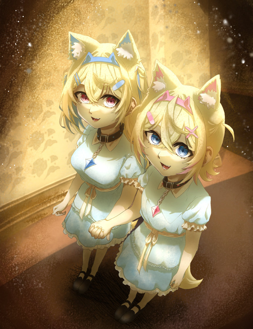2girls :d absurdres animal_collar animal_ears bandaid_hair_ornament black_collar blonde_hair blue_dress blue_eyes blue_hair blue_hairband collar collared_dress crossed_bangs dog_ears dog_girl dog_tail dork_ill double-parted_bangs dress fake_horns frilled_dress frilled_sleeves frills from_above fuwawa_abyssgard grady_sisters_(the_shining) hair_between_eyes hair_ornament hairband hairclip highres holding_hands hololive hololive_english horns indoors looking_at_viewer mary_janes mococo_abyssgard multicolored_hair multiple_girls open_mouth pantyhose parody pink_eyes pink_hair pink_hairband puffy_short_sleeves puffy_sleeves shining_(series) shoes short_hair short_sleeves smile spiked_collar spikes standing streaked_hair tail teeth two_side_up virtual_youtuber white_pantyhose x_hair_ornament