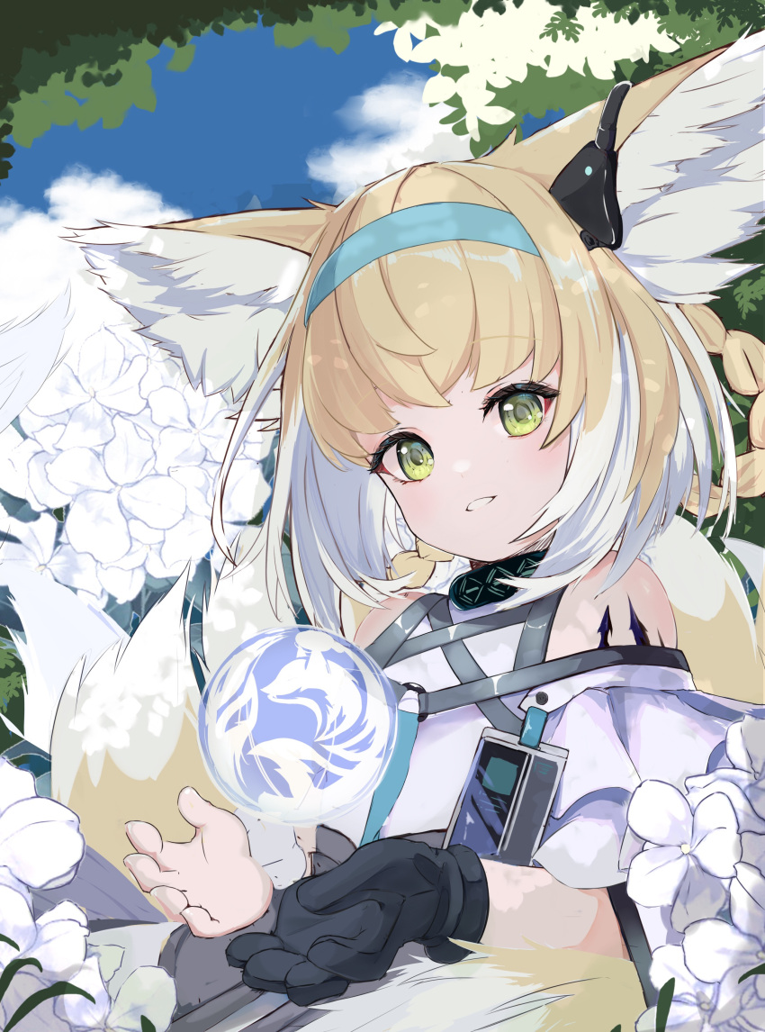 1girl absurdres animal_ear_fluff animal_ears arknights bare_shoulders black_gloves blue_hairband blue_sky braid clouds commentary_request day flower fox_ears fox_girl fox_tail gloves green_eyes hair_rings hairband highres light_brown_hair looking_at_viewer multicolored_hair orb shirt sky smile solo suzuran_(arknights) tail twin_braids two-tone_hair white_flower white_hair white_shirt xinjinjumin328073338111