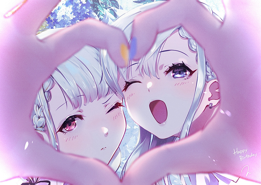 2girls blue_eyes blue_nails blurry braid close-up closed_mouth commentary_request depth_of_field earrings happy_birthday heart heart_hands heart_hands_duo highres hisakawa_hayate hisakawa_nagi idolmaster idolmaster_cinderella_girls jewelry long_hair looking_at_viewer multiple_girls one_eye_closed open_mouth pink_eyes siblings sisters smile torokko twins white_hair yellow_nails
