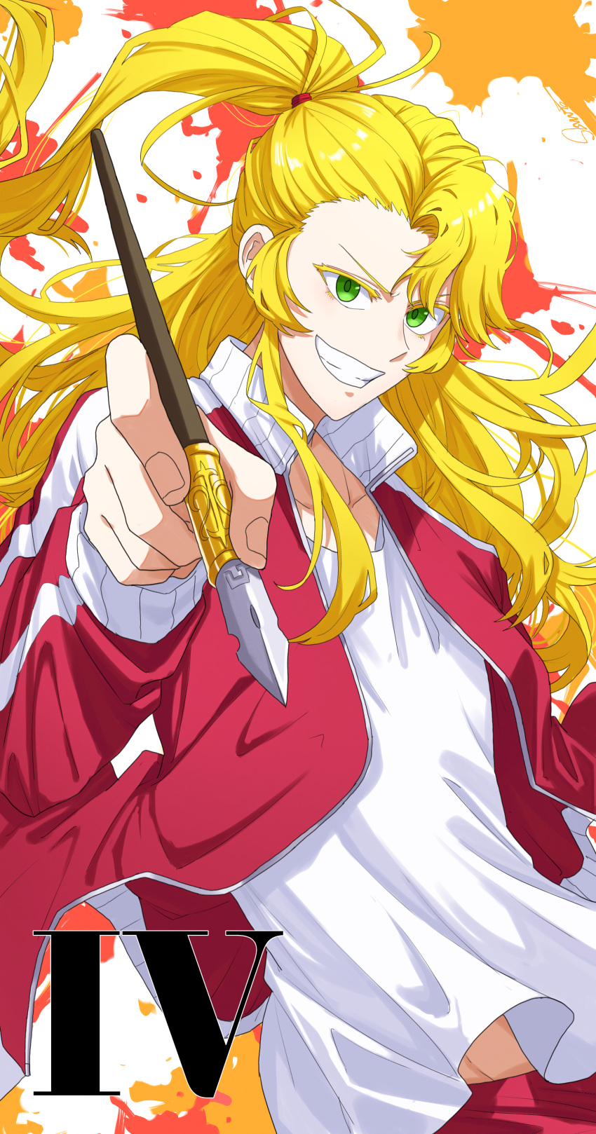 absurdres blonde_hair green_eyes grin highres holding holding_pen jacket long_hair looking_at_viewer open_clothes open_jacket pen ponytail red_jacket shirt shishiruto smile undead_unluck white_shirt
