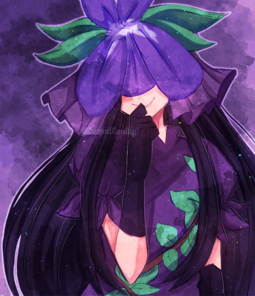 1girl black_gloves black_hair china_dress chinese_clothes closed_mouth dress flower gloves highres long_hair purple_dress purple_flower short_sleeves sidelocks smile solo sweetkooky touhou twitter_username unfinished_dream_of_all_living_ghost upper_body yomotsu_hisami