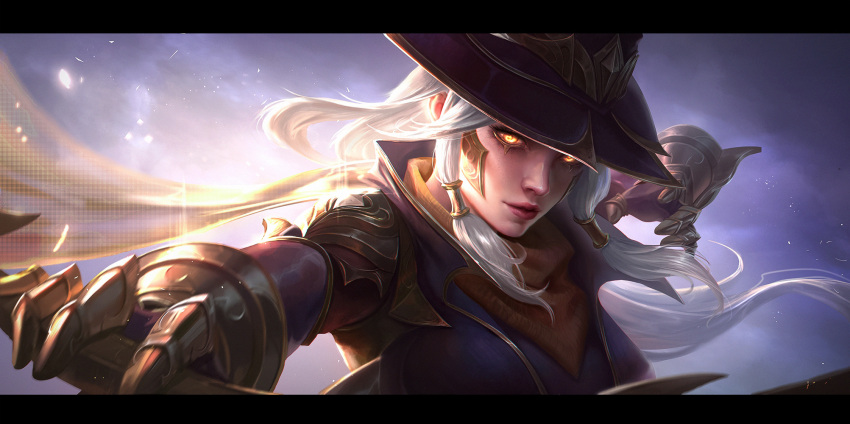 1girl ashe_(league_of_legends) black_border border brown_headwear closed_mouth clouds cloudy_sky cowboy_hat english_text floating_hair gloves glowing glowing_eyes hat high_noon_ashe highres league_of_legends light long_hair looking_at_viewer metal_gloves official_alternate_costume outdoors sky solo white_hair yc_jun yellow_eyes