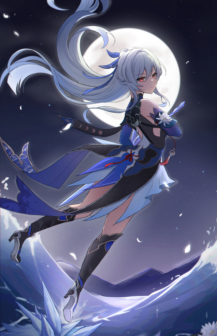 1girl absurdres bare_shoulders black_footwear blue_sleeves breasts closed_mouth commentary crystal detached_sleeves high_ponytail highres holding holding_sword holding_weapon honkai:_star_rail honkai_(series) jingliu_(honkai:_star_rail) kato_yuurina long_hair long_sleeves looking_at_viewer night ponytail red_eyes solo sword very_long_hair weapon white_hair