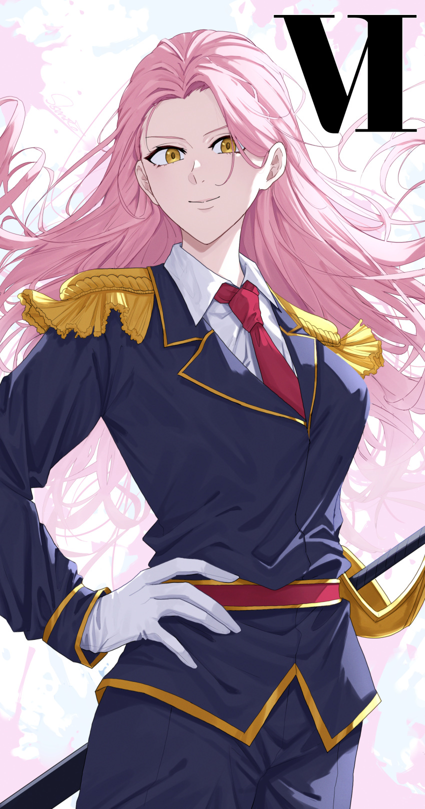 1girl absurdres black_pants epaulettes gloves gold_trim hand_on_own_hip highres juiz_(undead_unluck) long_hair long_sleeves pants pink_hair sheath sheathed shishiruto solo standing sword undead_unluck uniform weapon white_gloves yellow_eyes