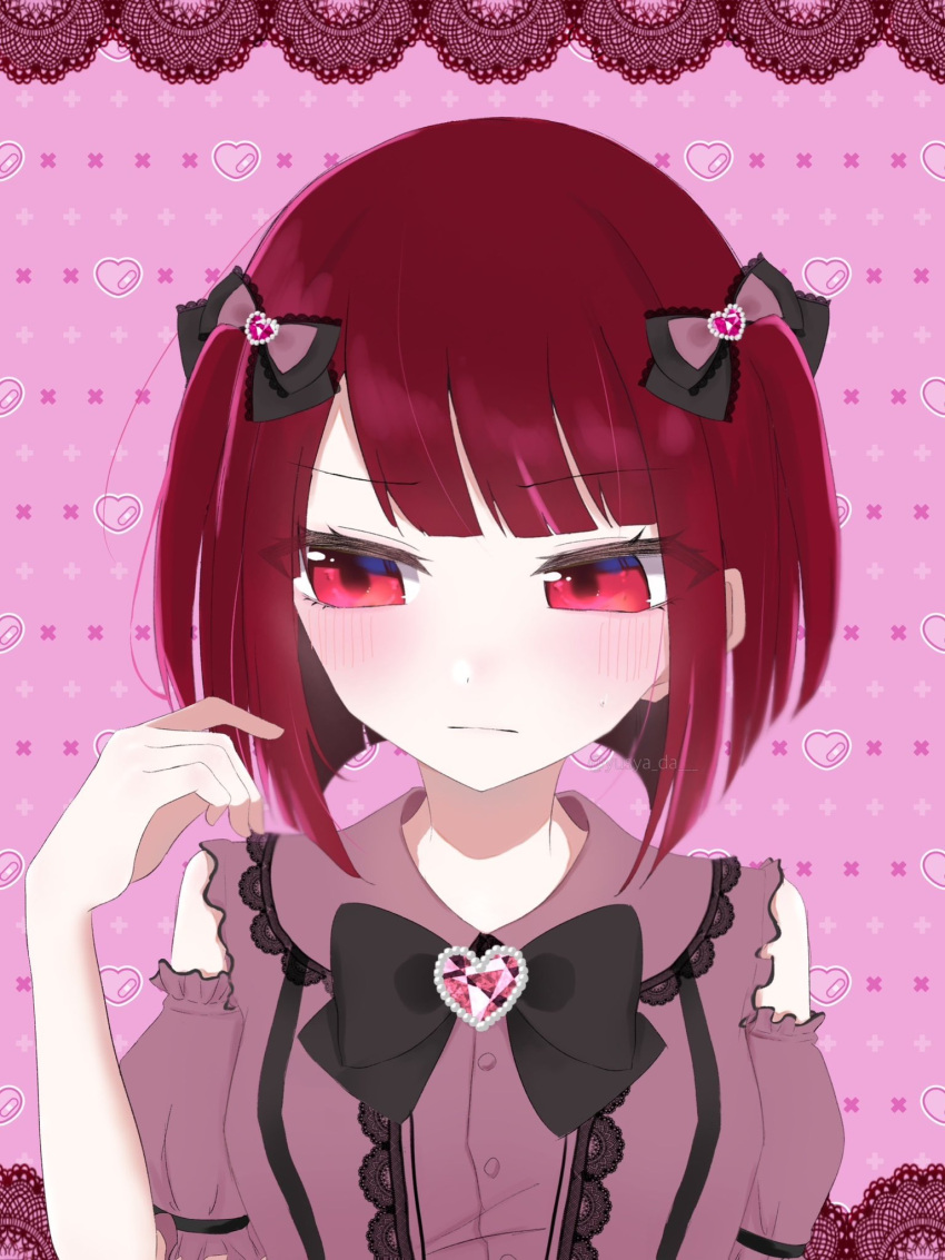 1girl arima_kana black_ribbon blush bob_cut hand_in_own_hair heart highres inverted_bob lace lace_trim looking_to_the_side oshi_no_ko pink_background pink_shirt red_eyes redhead ribbon shirt short_hair solo upper_body yusya_da