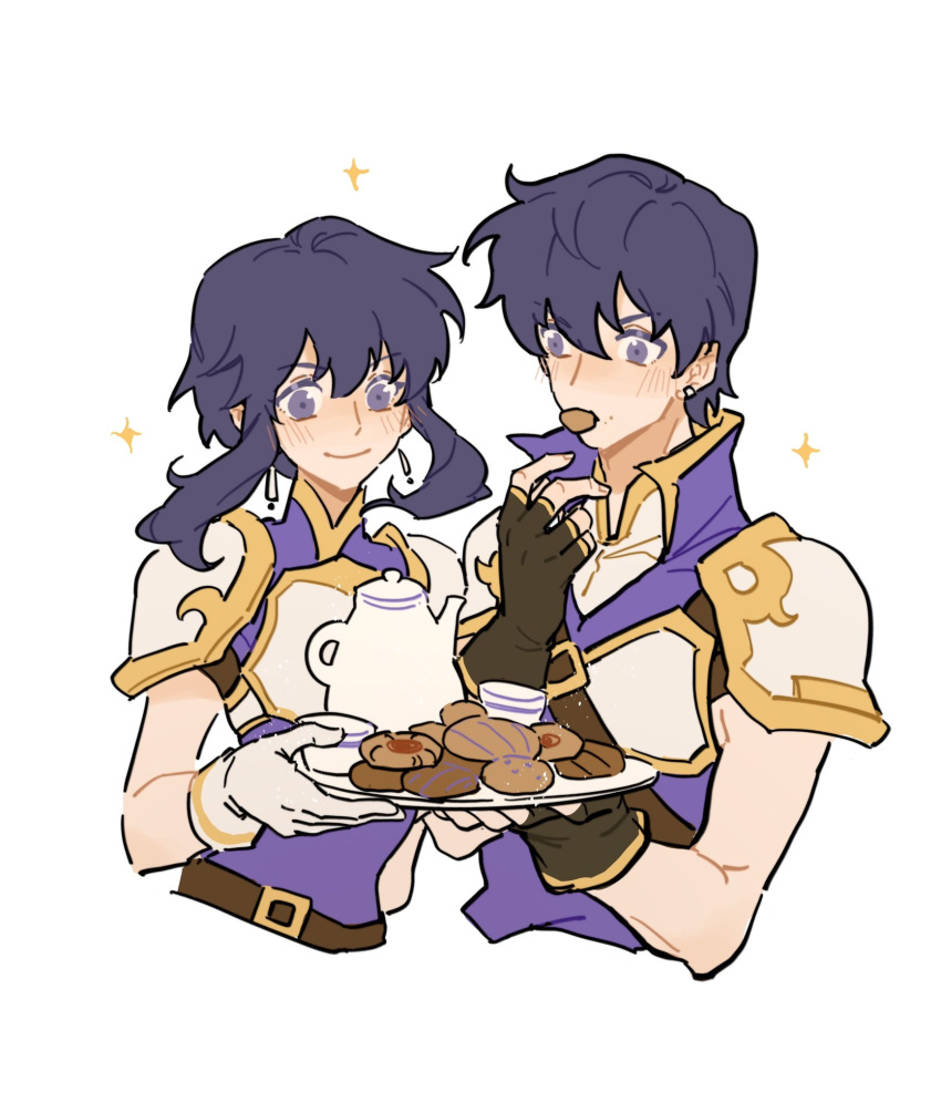 1boy 1girl armor black_hair breastplate brother_and_sister cookie earrings eating fire_emblem fire_emblem:_genealogy_of_the_holy_war fire_emblem_heroes food gloves highres jewelry julianlynnnn larcei_(fire_emblem) plate purple_shirt scathach_(fire_emblem) sharing_food shirt short_hair shoulder_armor siblings sidelocks smile sparkle tea twins violet_eyes white_background