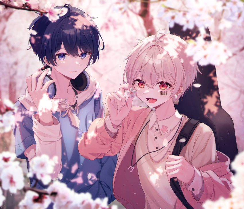 2boys absurdres after_the_rain barcode barcode_tattoo blue_eyes blue_hair blue_shirt cherry_blossoms closed_mouth facial_tattoo guitar_case headphones headphones_around_neck highres instrument_case jacket long_sleeves mafumafu male_focus multiple_boys niconico open_mouth pink_jacket red_eyes sarin_(seoling) shirt short_hair soraru tattoo tongue white_hair white_hood