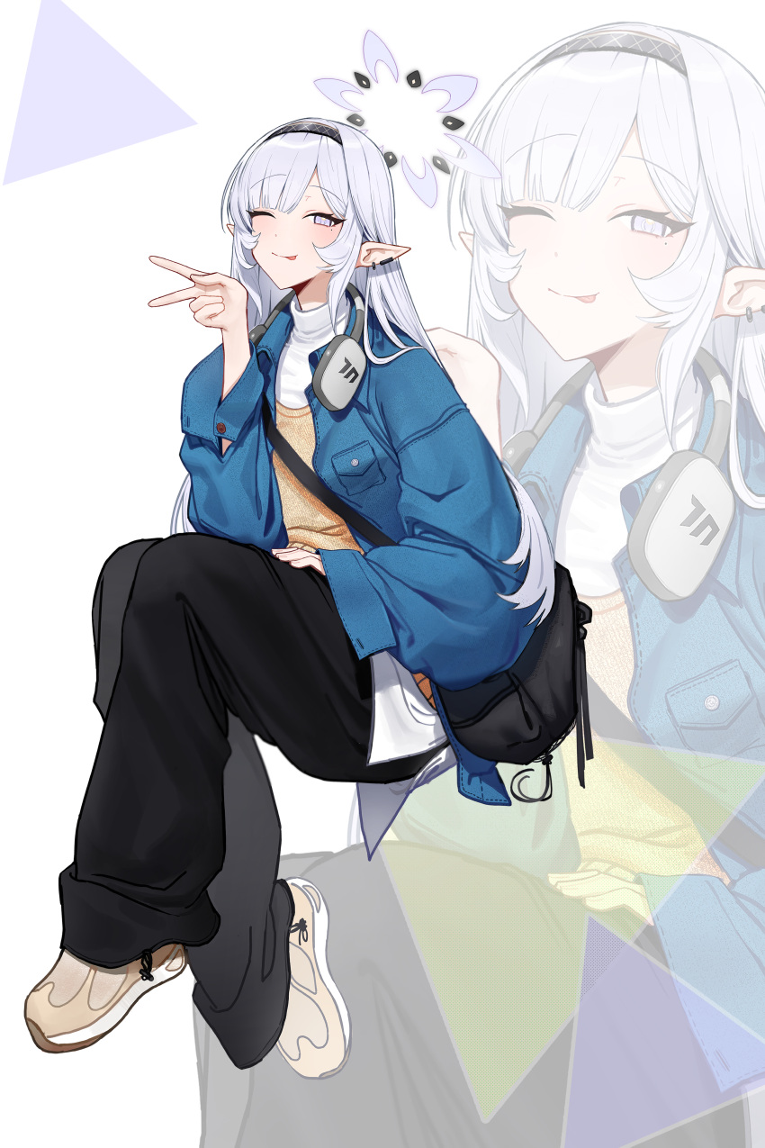 1girl ;p absurdres alternate_costume baggy_pants black_bag black_hairband black_pants blue_archive blue_jacket brown_footwear casual commentary_request ear_piercing earclip hairband halo hand_up headphones headphones_around_neck highres himari_(blue_archive) jacket long_hair long_sleeves looking_at_viewer one_eye_closed pants piercing pointy_ears purple_halo shirt shoes sitting sleeves_past_wrists solo tongue tongue_out turtleneck v violet_eyes white_hair white_shirt zanya_000