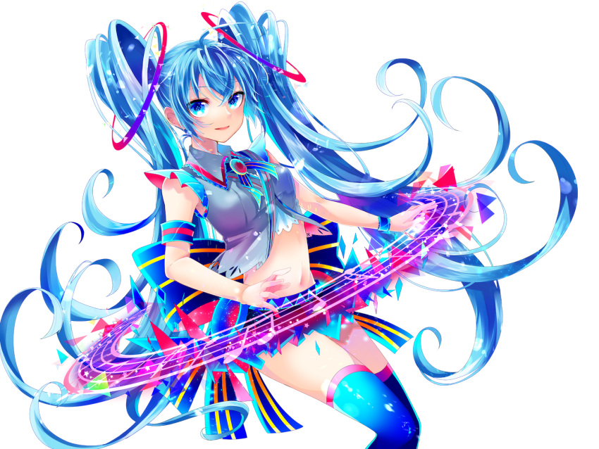 1girl armband blue_hair blue_skirt blue_thighhighs collared_shirt crop_top feet_out_of_frame grey_shirt hatsune_miku long_hair looking_at_viewer navel neck_ribbon pleated_skirt ribbon shirayuki_towa shirt skirt sleeveless sleeveless_shirt smile solo striped striped_ribbon thigh-highs twintails very_long_hair vocaloid white_background