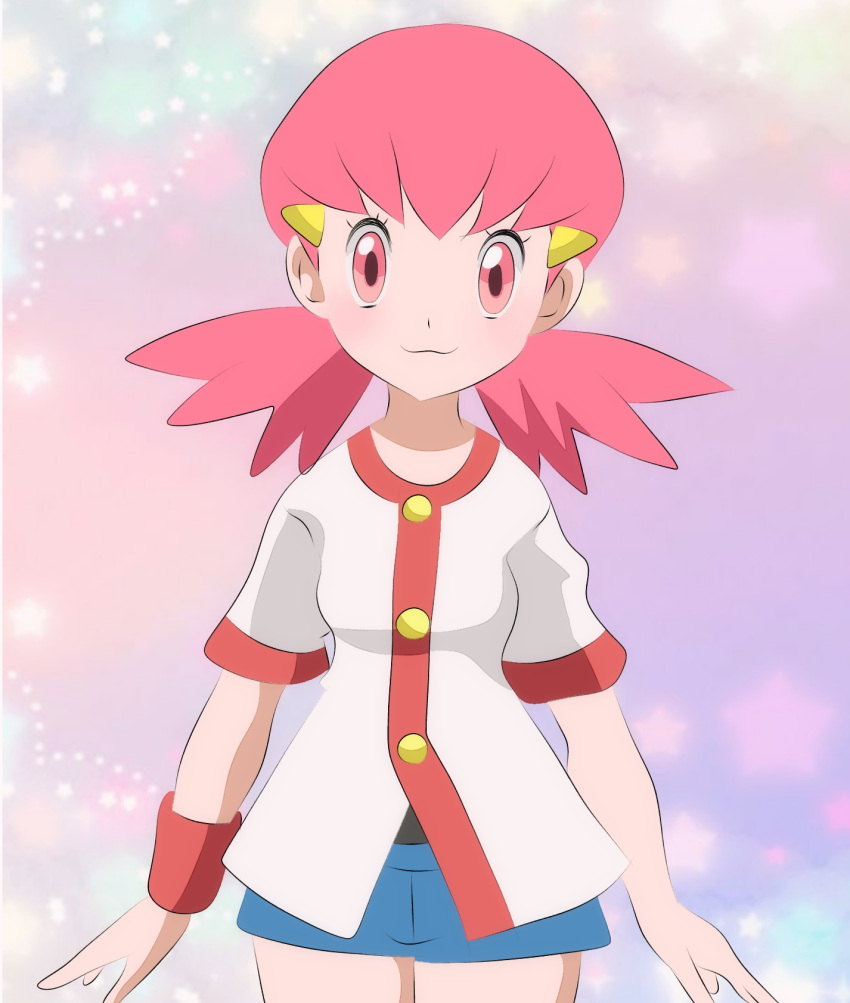 :3 akane_(pokemon) bangs black_shirt blue_shorts buttons cloud_background cute eyelashes hair_ornament hairclip highres looking_at_viewer multicolored_background pink_eyes pink_hair shorts smile solo twintails white_jacket whitney_(pokemon)