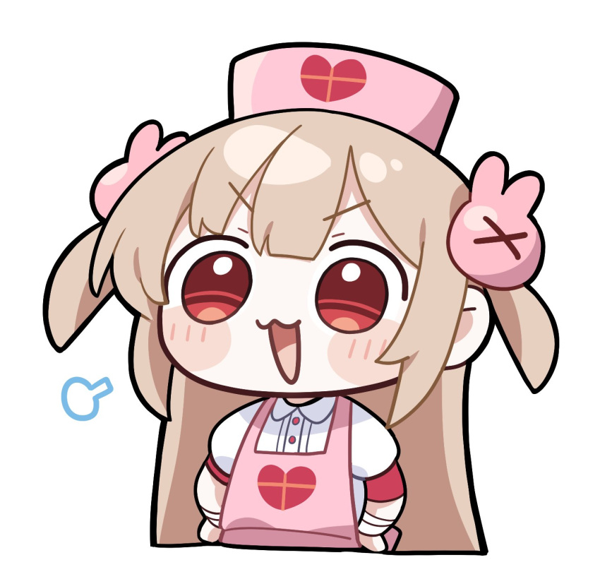 &gt;_&lt; 1girl :3 :d =3 apron blonde_hair blush blush_stickers chibi collared_dress dress hair_ornament hat heart heart_print highres junsuina_fujunbutsu long_hair looking_at_viewer natori_sana nurse_cap open_mouth pink_apron pink_headwear puffy_short_sleeves puffy_sleeves rabbit_hair_ornament red_eyes sana_channel short_sleeves simple_background smile solo two_side_up upper_body virtual_youtuber white_background white_dress