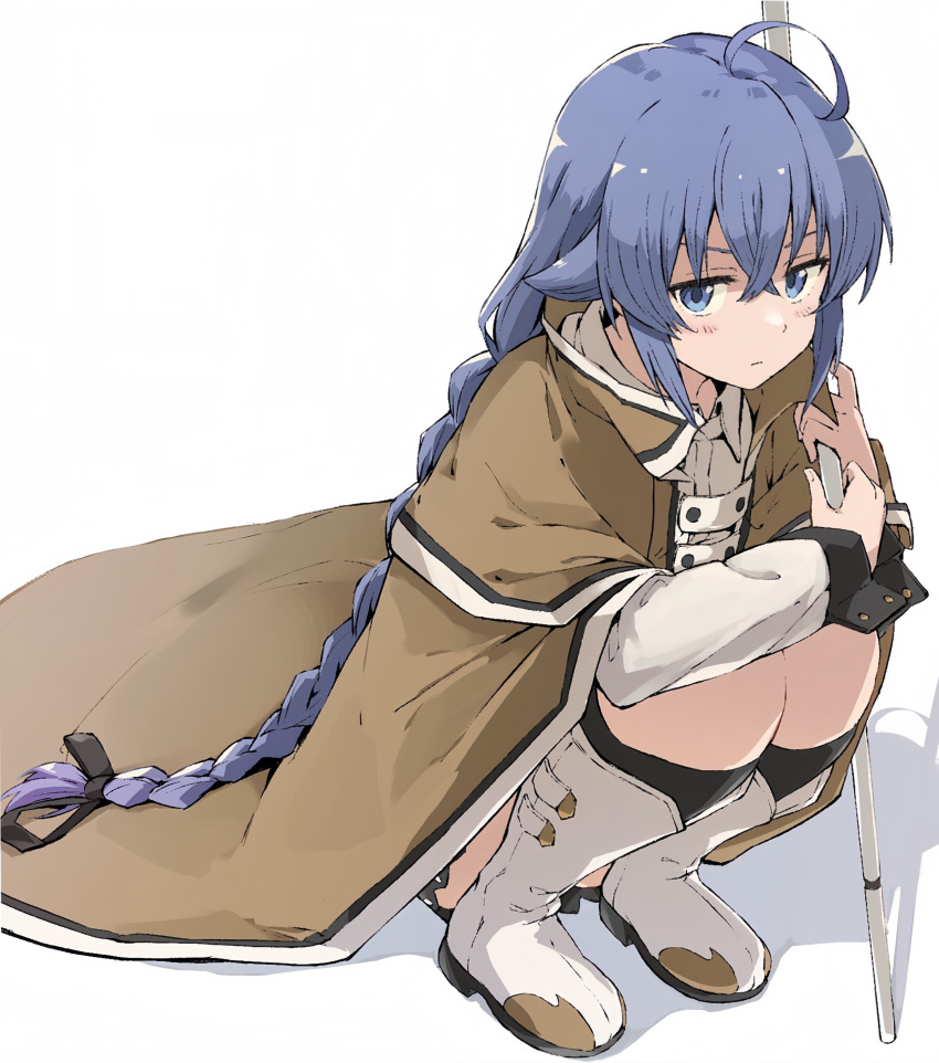 1girl absurdres ahoge black_ribbon blue_eyes blue_hair blush boots braid brown_cape cape closed_mouth commentary_request crossed_bangs full_body hair_ribbon highres holding holding_staff long_braid long_hair looking_at_viewer mushoku_tensei rauto ribbon roxy_migurdia sidelocks simple_background single_braid solo squatting staff very_long_hair white_background white_footwear