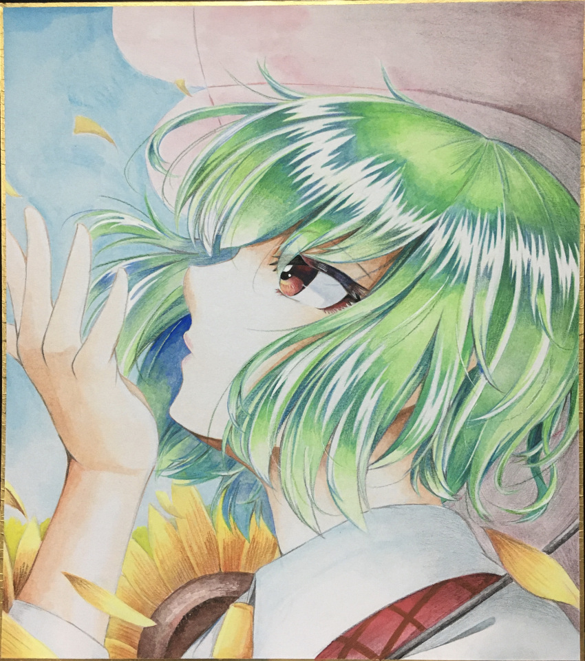 1girl 283win absurdres commentary_request flower from_side green_hair highres kazami_yuuka photo_(medium) red_eyes shikishi short_hair solo sunflower touhou traditional_media umbrella upper_body