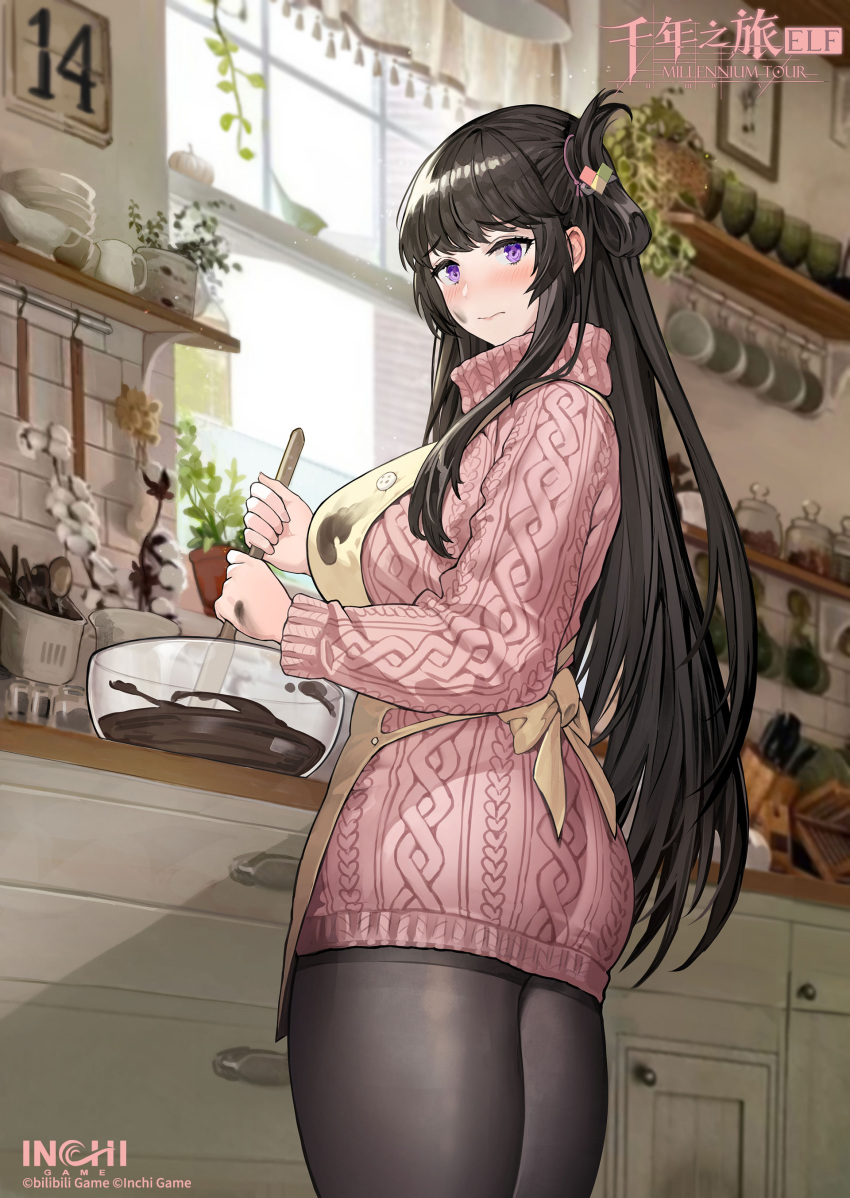 1girl absurdres apron aran_sweater ass black_hair black_pantyhose blurry blurry_background blush breasts cable_knit chocolate chocolate_making chocolate_on_body chocolate_on_clothes chocolate_on_face chocolate_on_hand copyright copyright_name cowboy_shot dress food food_on_body food_on_clothes food_on_face food_on_hand from_side frown glass_bowl highres indoors kitchen kurokami_tsukuyo large_breasts logo long_hair long_sleeves looking_at_viewer millennium_tour mixing mixing_bowl official_art pantyhose pink_sweater sidelocks single_hair_ring solo sweater sweater_dress turning_head very_long_hair violet_eyes wavy_mouth window yellow_apron