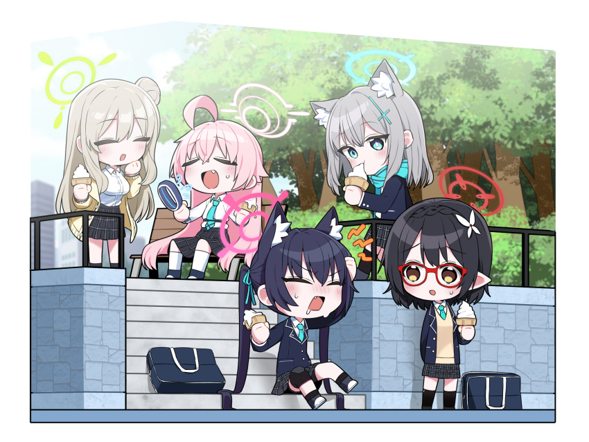 5girls :d ^_^ ahoge animal_ear_fluff animal_ears ayane_(blue_archive) b.t._(boob_tong) bag bag_removed bench black_hair black_skirt blazer blue_archive blue_eyes blue_necktie blue_scarf blurry bow braid brain_freeze brown_eyes brown_hair building cardigan cat_ears cat_girl chibi closed_eyes collared_shirt commentary_request cross_hair_ornament crown_braid depth_of_field eating electric_fan extra_ears fang food full_body glasses grey_hair hair_between_eyes hair_bow hair_bun hair_ornament hair_ribbon halo highres holding holding_food holding_ice_cream_cone hoshino_(blue_archive) hot id_card jacket knee_pads lanyard long_hair long_sleeves looking_at_another medium_hair mismatched_pupils multiple_girls necktie nonomi_(blue_archive) open_cardigan open_clothes outdoors pain park park_bench pink_hair plaid plaid_skirt pleated_skirt pointy_ears ribbon scarf school_bag school_uniform serika_(blue_archive) shiroko_(blue_archive) shirt short_hair shoulder_strap sidelocks single_side_bun sitting sitting_on_bench sitting_on_stairs skirt skyscraper smile stairs standing sweat tree twintails wolf_ears wolf_girl yellow_cardigan