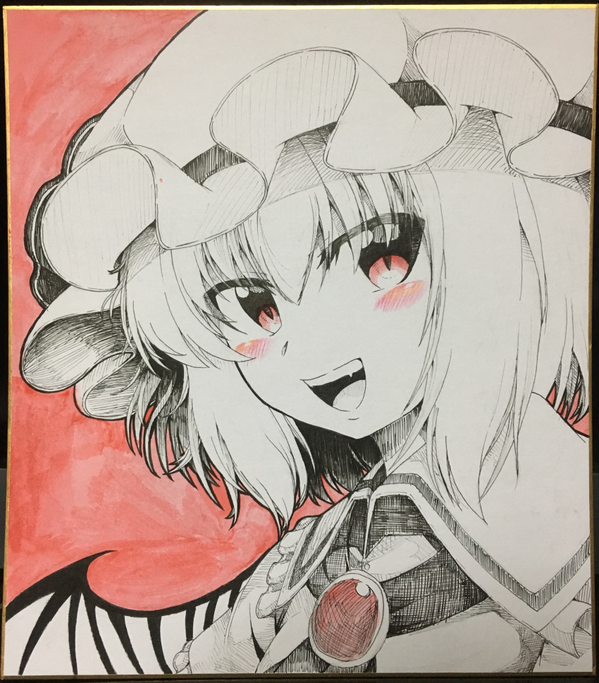 1girl 283win :d absurdres acrylic_paint_(medium) bat_wings blush hat hat_ribbon highres limited_palette looking_at_viewer mob_cap open_mouth painting_(medium) photo_(medium) red_background red_eyes remilia_scarlet ribbon shikishi short_hair smile solo teeth touhou traditional_media upper_body upper_teeth_only wings