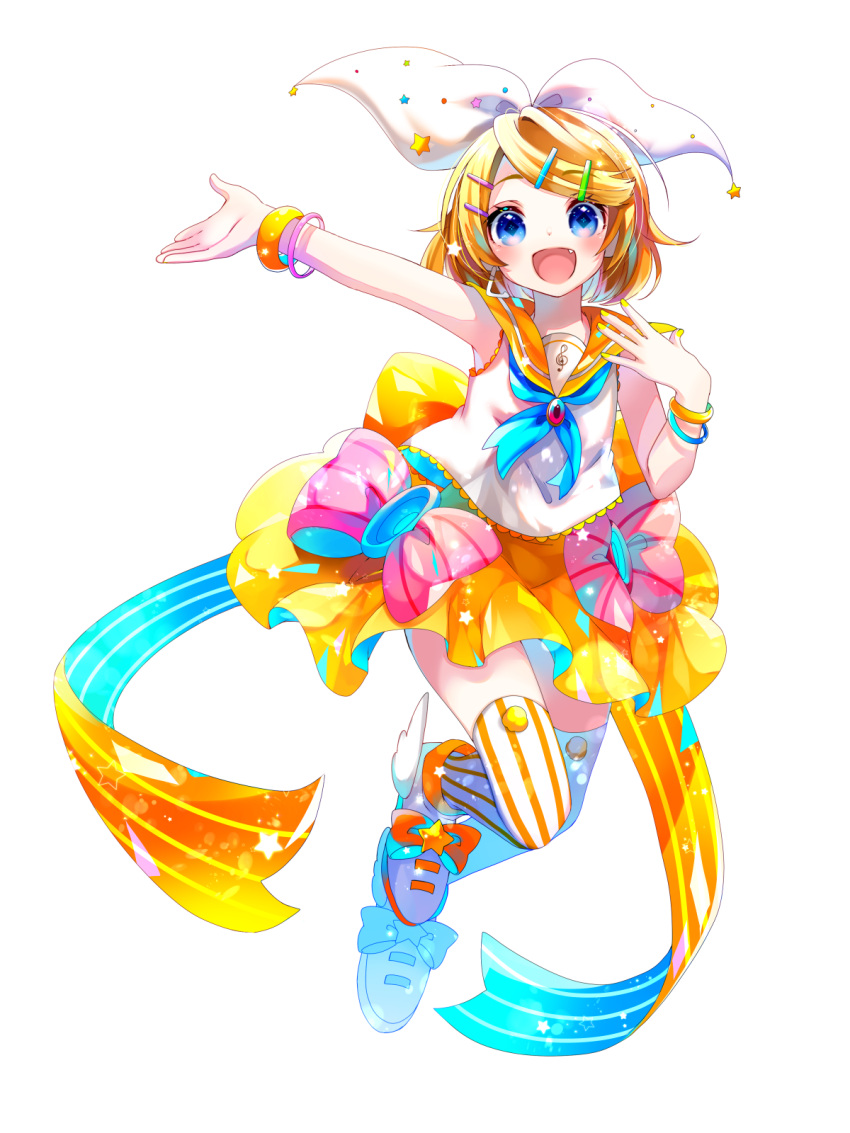 1girl :d blonde_hair blue_eyes boots fang hair_ribbon hand_up highres kagamine_rin looking_at_viewer multiple_bracelets open_mouth outstretched_hand ribbon sailor_collar shirayuki_towa shirt short_hair skirt smile solo striped striped_thighhighs thigh-highs vocaloid white_ribbon white_shirt winged_footwear yellow_nails yellow_sailor_collar yellow_skirt