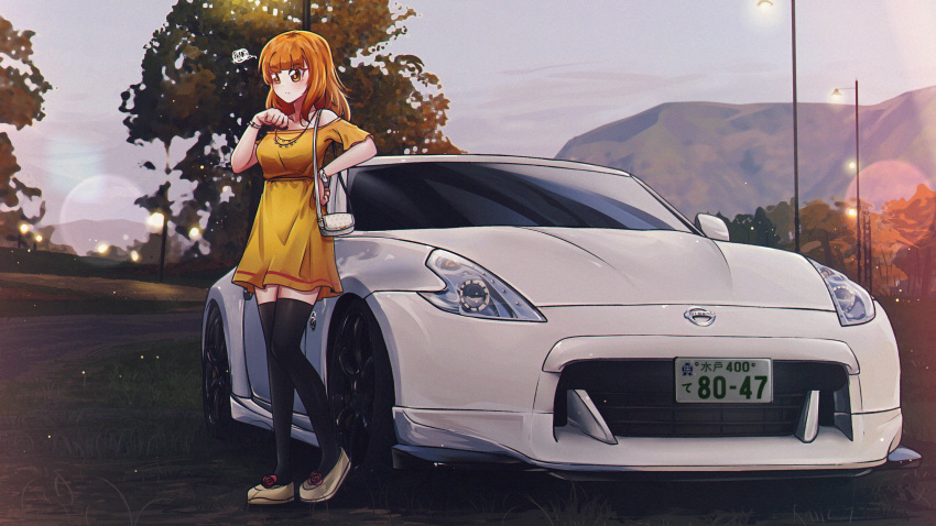 1girl absurdres bag bare_shoulders black_thighhighs blunt_bangs car casual closed_mouth commentary dress english_commentary girls_und_panzer grass handbag highres lamppost license_plate long_hair mizzterbii motor_vehicle nissan nissan_370z off-shoulder_dress off_shoulder orange_eyes orange_hair outdoors road short_sleeves solo sports_car squiggle takebe_saori thigh-highs vehicle_focus yellow_dress