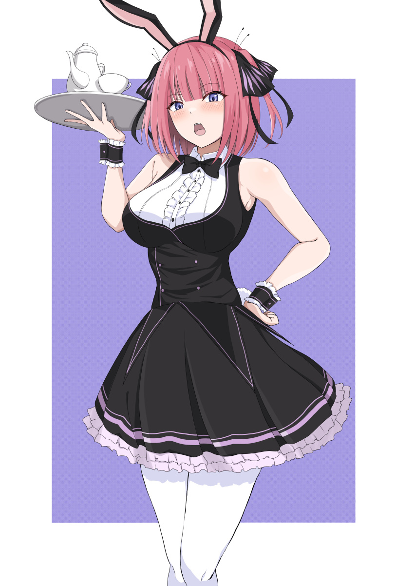 1girl absurdres animal_ears armpits bare_shoulders black_bow black_bowtie black_dress black_wrist_cuffs blue_eyes border bow bowtie breasts butterfly_hair_ornament collared_dress cup dress fake_animal_ears frilled_dress frills go-toubun_no_hanayome hair_ornament hand_on_own_hip hand_up highres holding holding_tray konro_yoyogei large_breasts looking_at_viewer nakano_nino open_mouth outside_border pantyhose pink_hair purple_background rabbit_ears simple_background solo strapless strapless_dress teacup teapot teeth traditional_bowtie tray upper_teeth_only white_border white_pantyhose