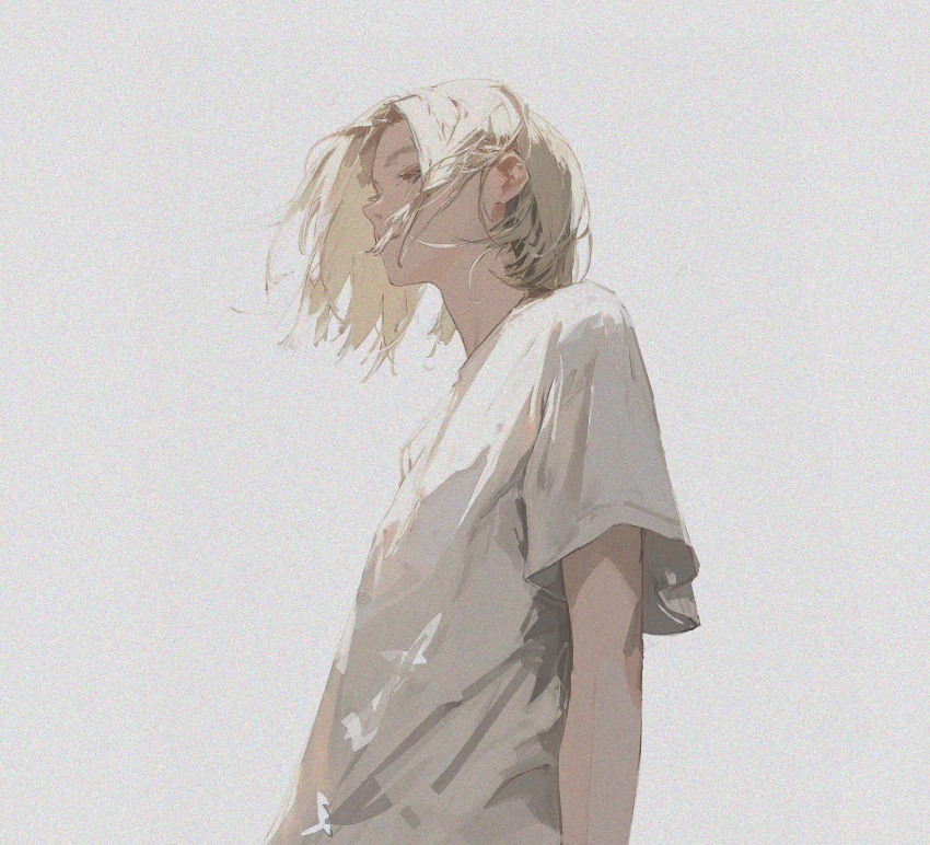 1boy 96yottea absurdres blonde_hair closed_eyes closed_mouth floating_hair from_side grey_background haikyuu!! highres kozume_kenma male_focus medium_hair shirt short_sleeves sidelocks simple_background solo standing upper_body white_shirt