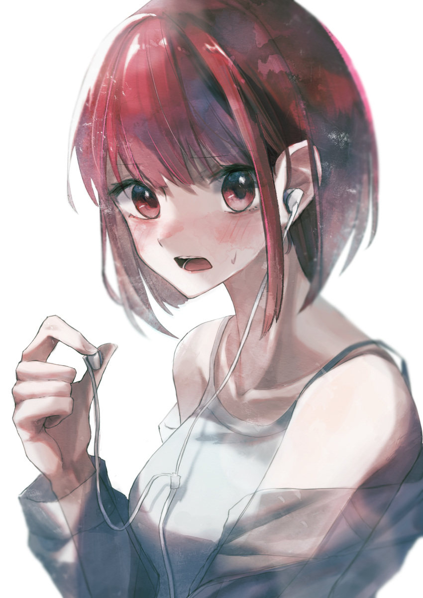 1girl absurdres arima_kana bare_shoulders blunt_bangs blush bob_cut breasts camisole collarbone commentary earphones earphones flustered grey_camisole hand_up headphones highres holding holding_headphones inverted_bob jigsaw_paru looking_at_viewer off_shoulder open_mouth oshi_no_ko red_eyes redhead removing_earbuds shirt short_hair simple_background small_breasts solo sweatdrop upper_body white_background white_camisole white_shirt