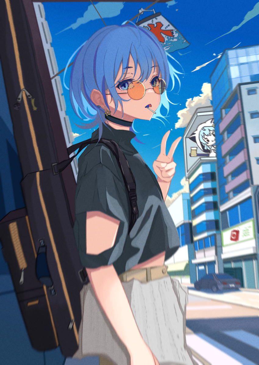 1girl absurdres alternate_costume belt blue_choker blue_eyes blue_hair blue_shirt blue_sky building candy car choker clouds commentary day earrings food food_in_mouth glasses grey_shirt hand_up highres hololive hoshimachi_suisei instrument_case jewelry kara_(danleung828) lollipop looking_at_viewer motor_vehicle orange-tinted_eyewear outdoors road round_eyewear shirt short_hair short_sleeves sky solo standing star_(symbol) star_earrings street symbol-only_commentary tinted_eyewear upper_body v virtual_youtuber yellow_belt