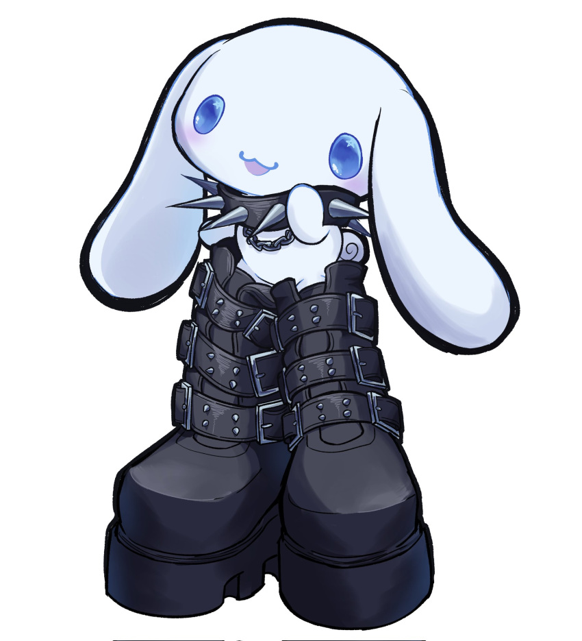 :3 belt_boots black_collar black_footwear blue_eyes blush boots chain cinnamoroll collar commentary english_commentary full_body hand_up highres k0u_(k0ujira) looking_at_viewer no_humans open_mouth platform_boots platform_footwear rabbit sanrio simple_background smile solo spiked_collar spikes standing white_background