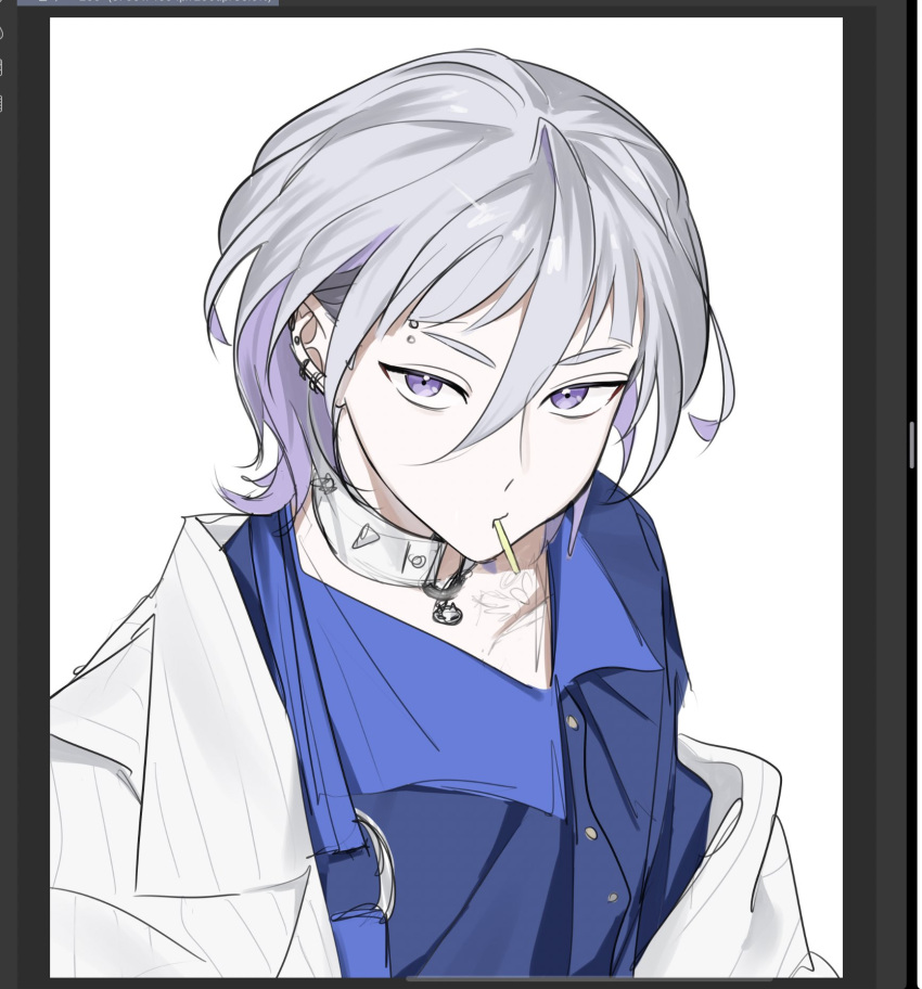 1boy black_border blue_shirt border candy choker collared_shirt earrings food food_in_mouth grey_border grey_hair highres jacket jacket_partially_removed jewelry kikirkt lollipop male_focus multicolored_hair multiple_earrings natsume_ryu paradox_live piercing purple_hair shirt solo violet_eyes white_background white_choker white_jacket